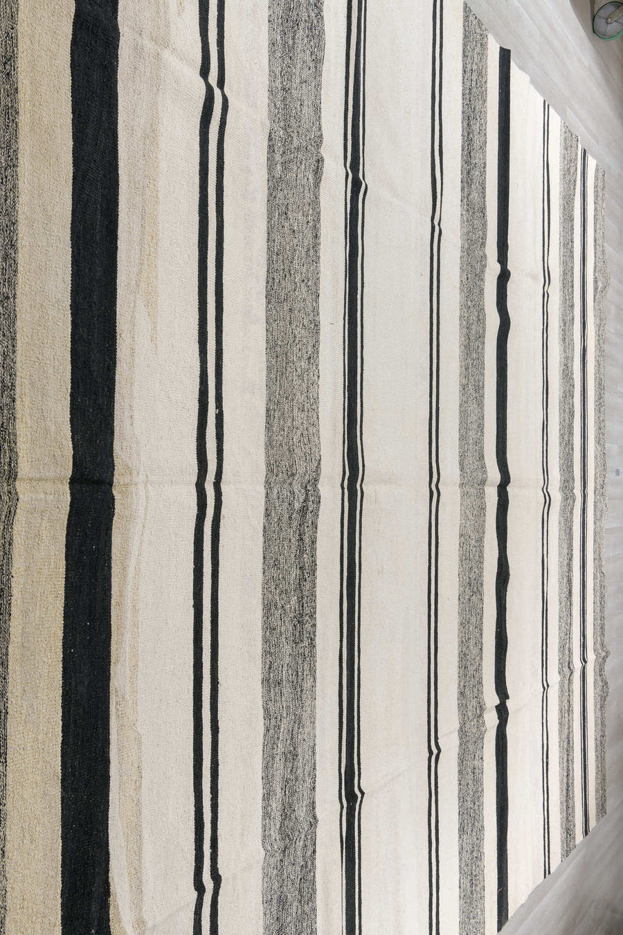 13' x 16' one-of-a-kind handmade vintage Kilim oversize rug. Color palette: ivory, charcoal, black, cream, gray