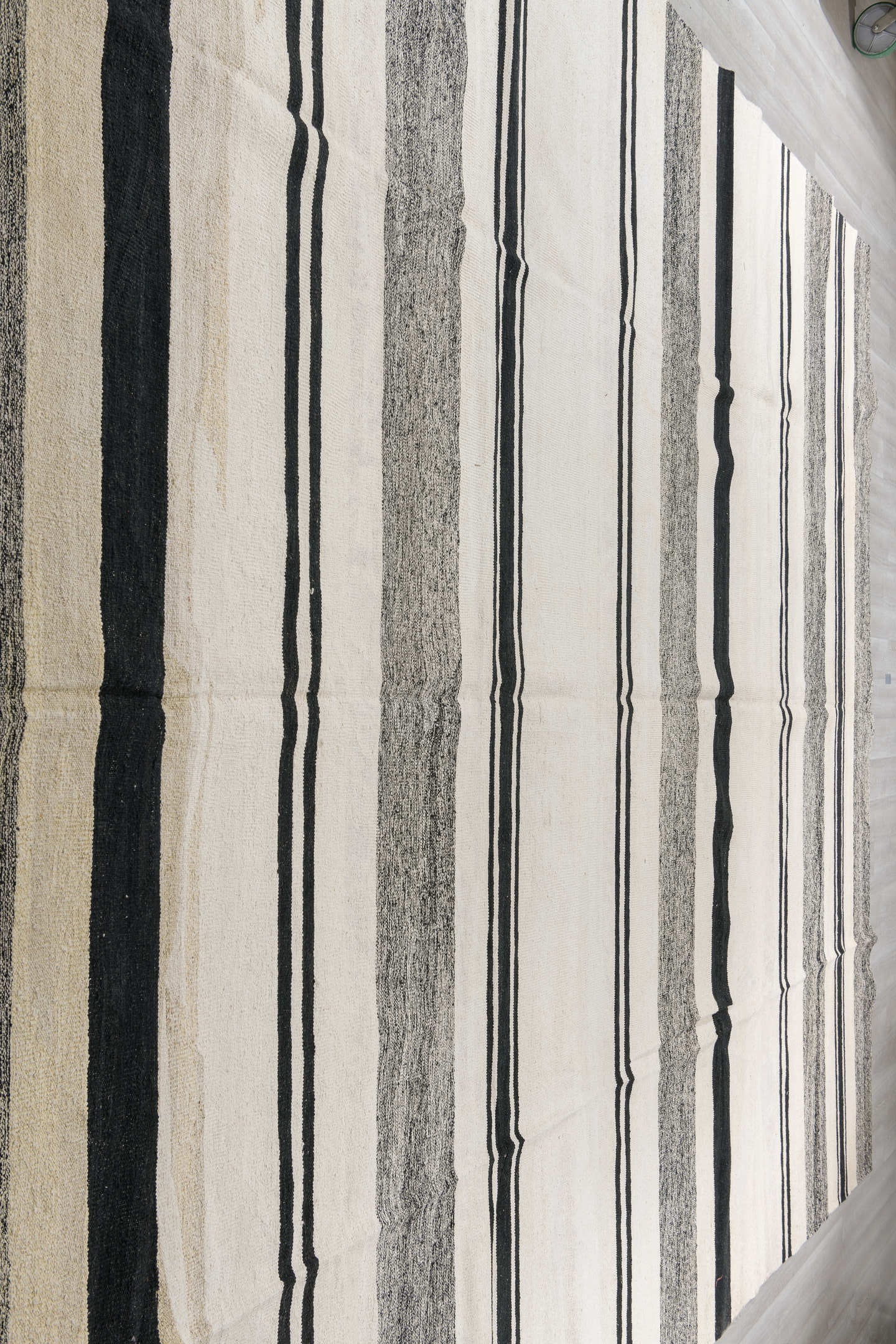 13' x 16' one-of-a-kind handmade vintage Kilim oversize rug. Color palette: ivory, charcoal, black, cream, gray