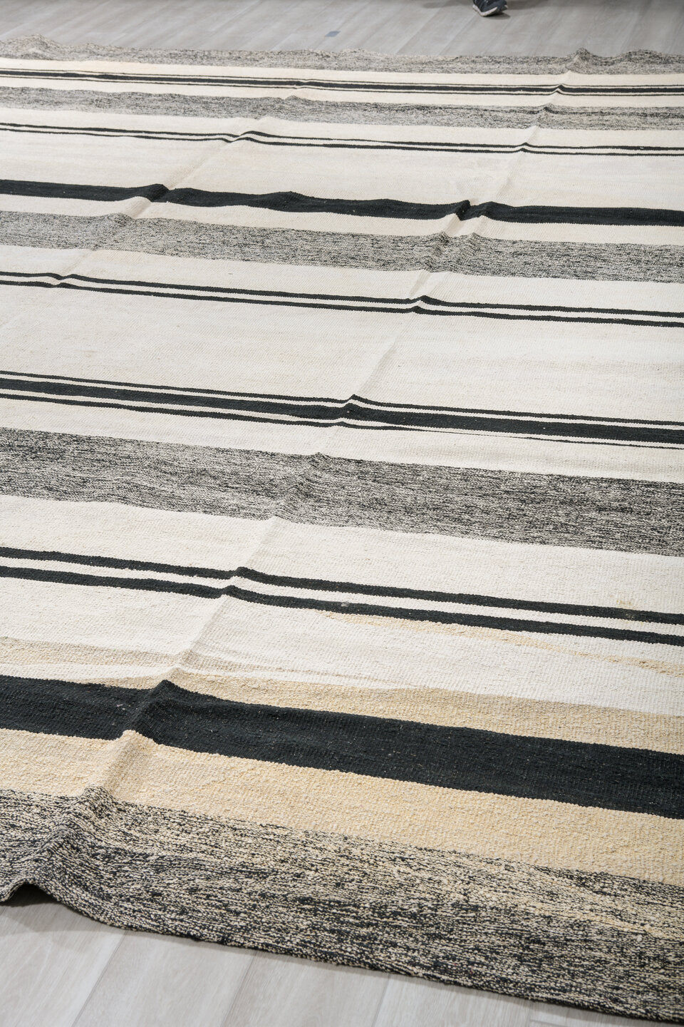 13' x 16' one-of-a-kind handmade vintage Kilim oversize rug. Color palette: ivory, charcoal, black, cream, gray