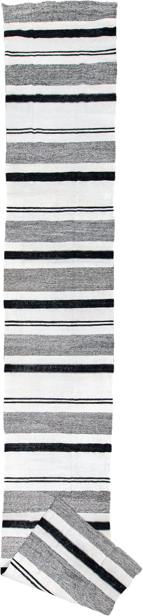 4' x 25' one-of-a-kind handmade vintage Kilim runner rug. Color palette: ivory, charcoal, black, gray