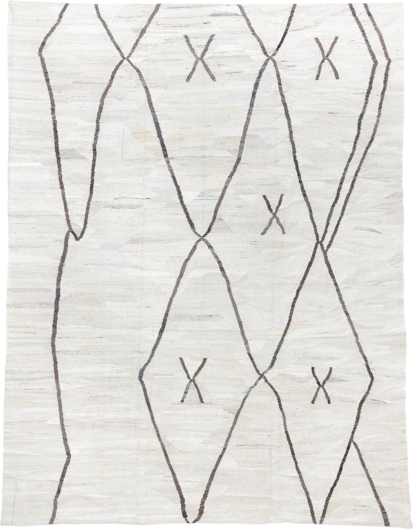 10' x 13' one-of-a-kind handmade vintage Kilim large size rug. Color palette: ivory, charcoal, taupe, gray, black, beige