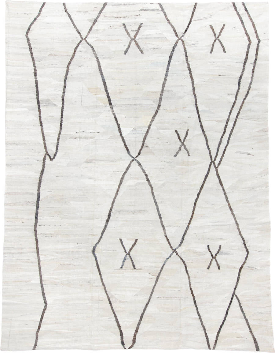 10' x 13' one-of-a-kind handmade vintage Kilim large size rug. Color palette: ivory, charcoal, taupe, gray, black, beige