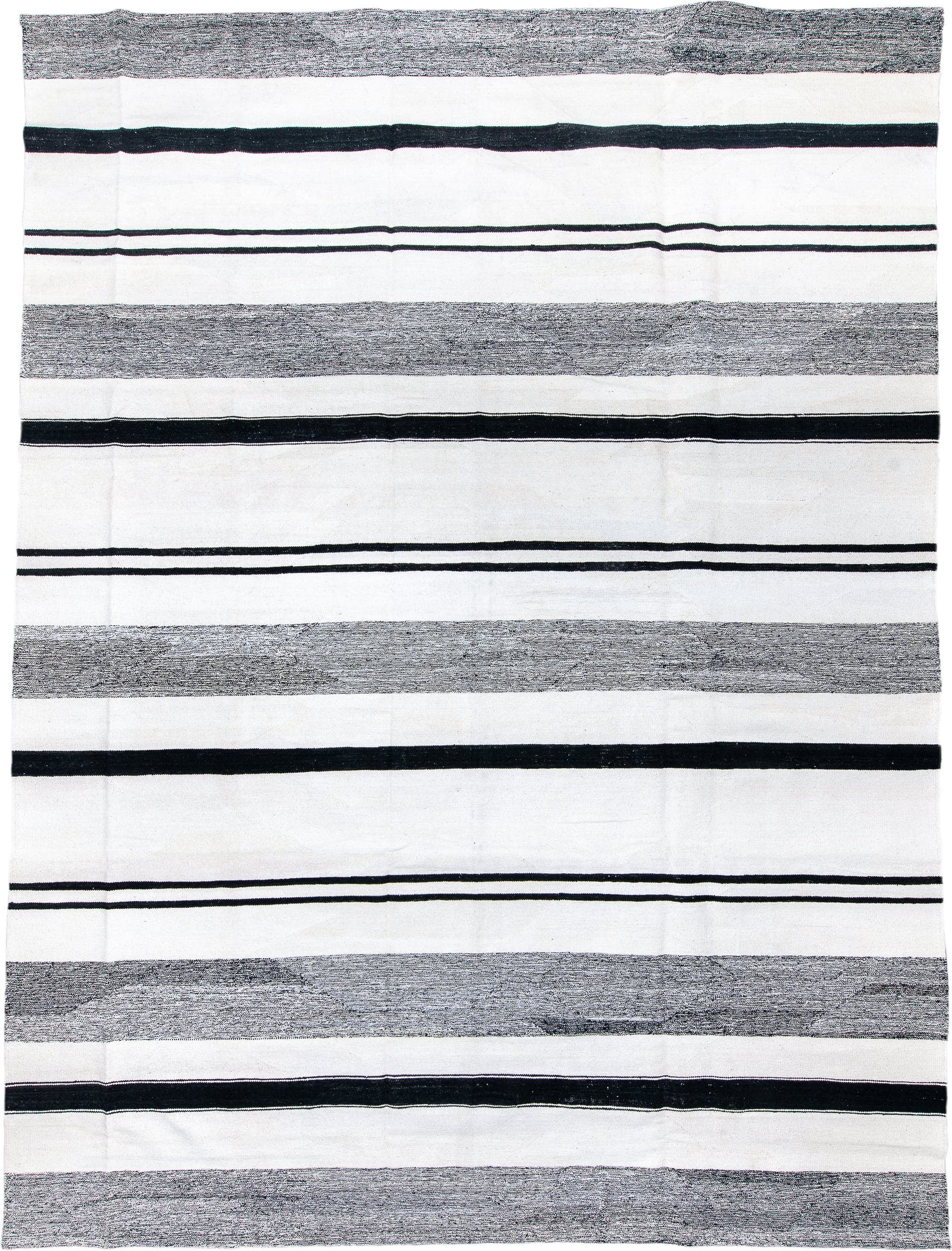 11' x 15' one-of-a-kind handmade vintage Tulu oversize rug. Color palette: ivory, charcoal, black, gray