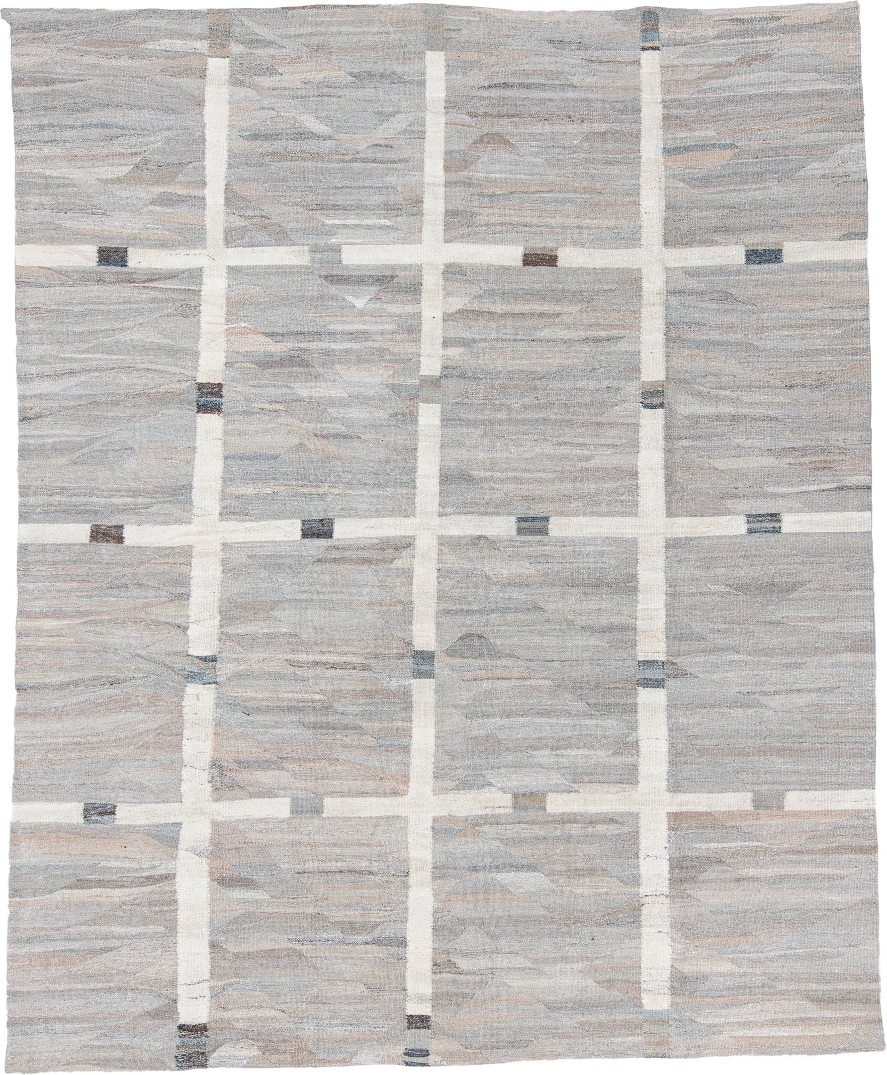 9' x 11' one-of-a-kind handmade vintage Kilim large size rug. Color palette: ivory, pale blue, taupe, charcoal, cream, slate