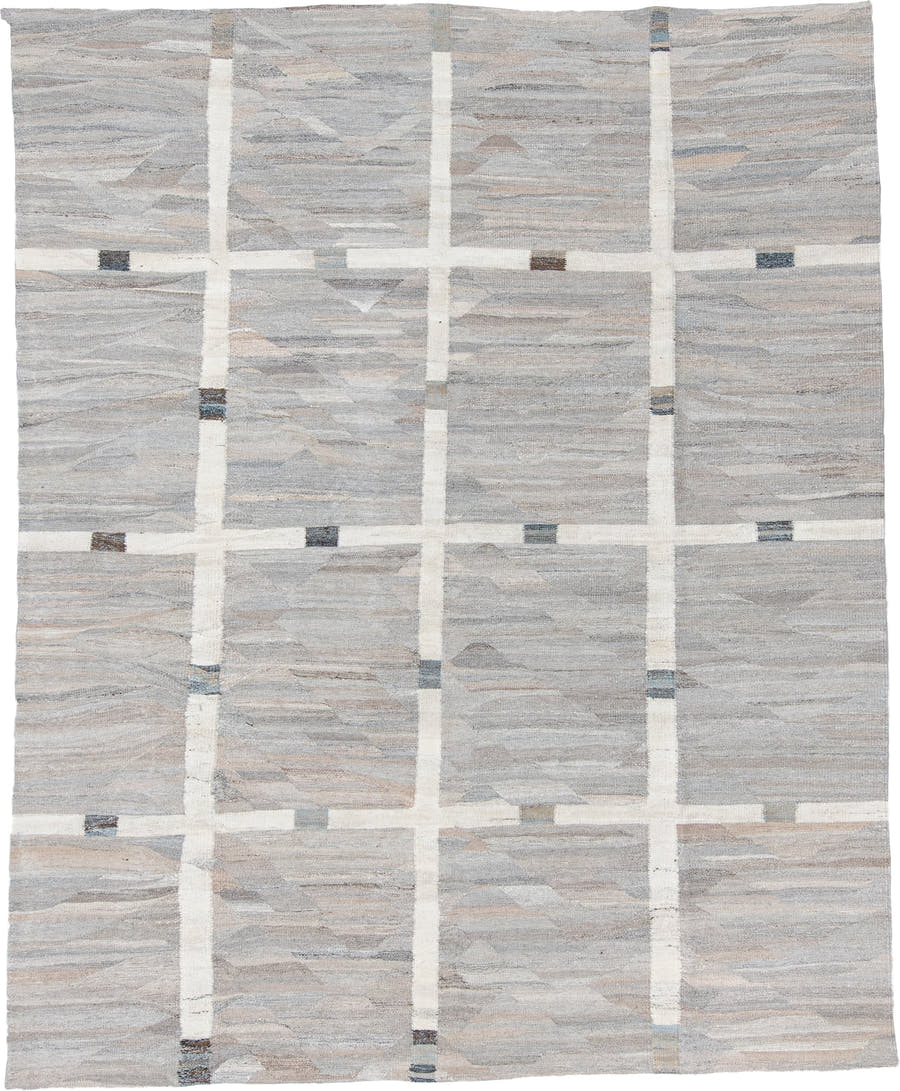 9' x 11' one-of-a-kind handmade vintage Kilim large size rug. Color palette: ivory, pale blue, taupe, charcoal, cream, slate