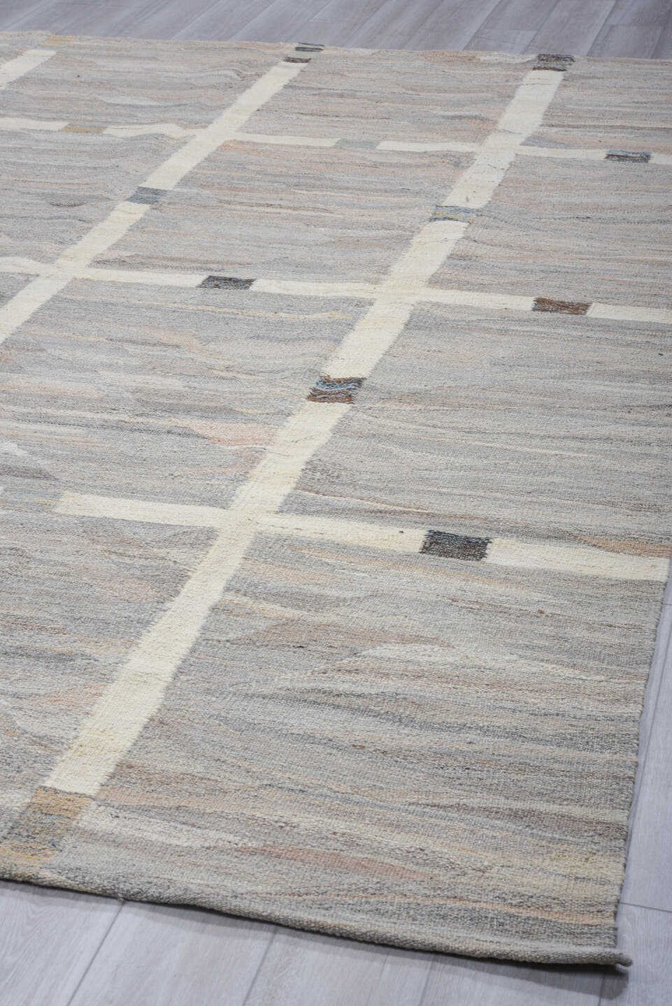 9' x 11' one-of-a-kind handmade vintage Kilim large size rug. Color palette: ivory, pale blue, taupe, charcoal, cream, slate
