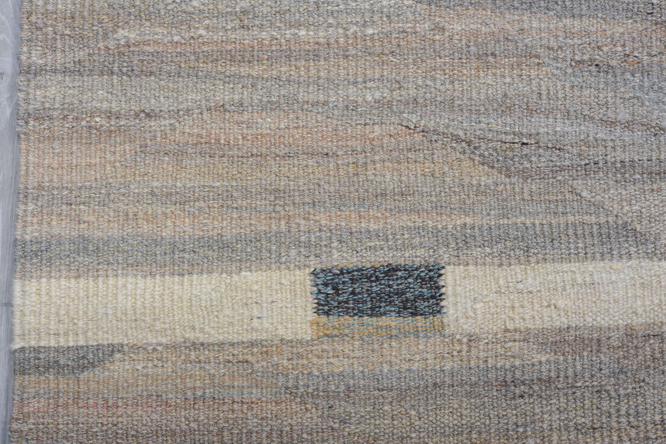 9' x 11' one-of-a-kind handmade vintage Kilim large size rug. Color palette: ivory, pale blue, taupe, charcoal, cream, slate