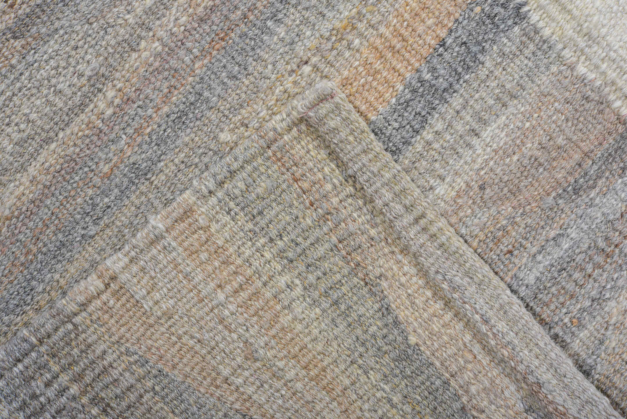 9' x 11' one-of-a-kind handmade vintage Kilim large size rug. Color palette: ivory, pale blue, taupe, charcoal, cream, slate