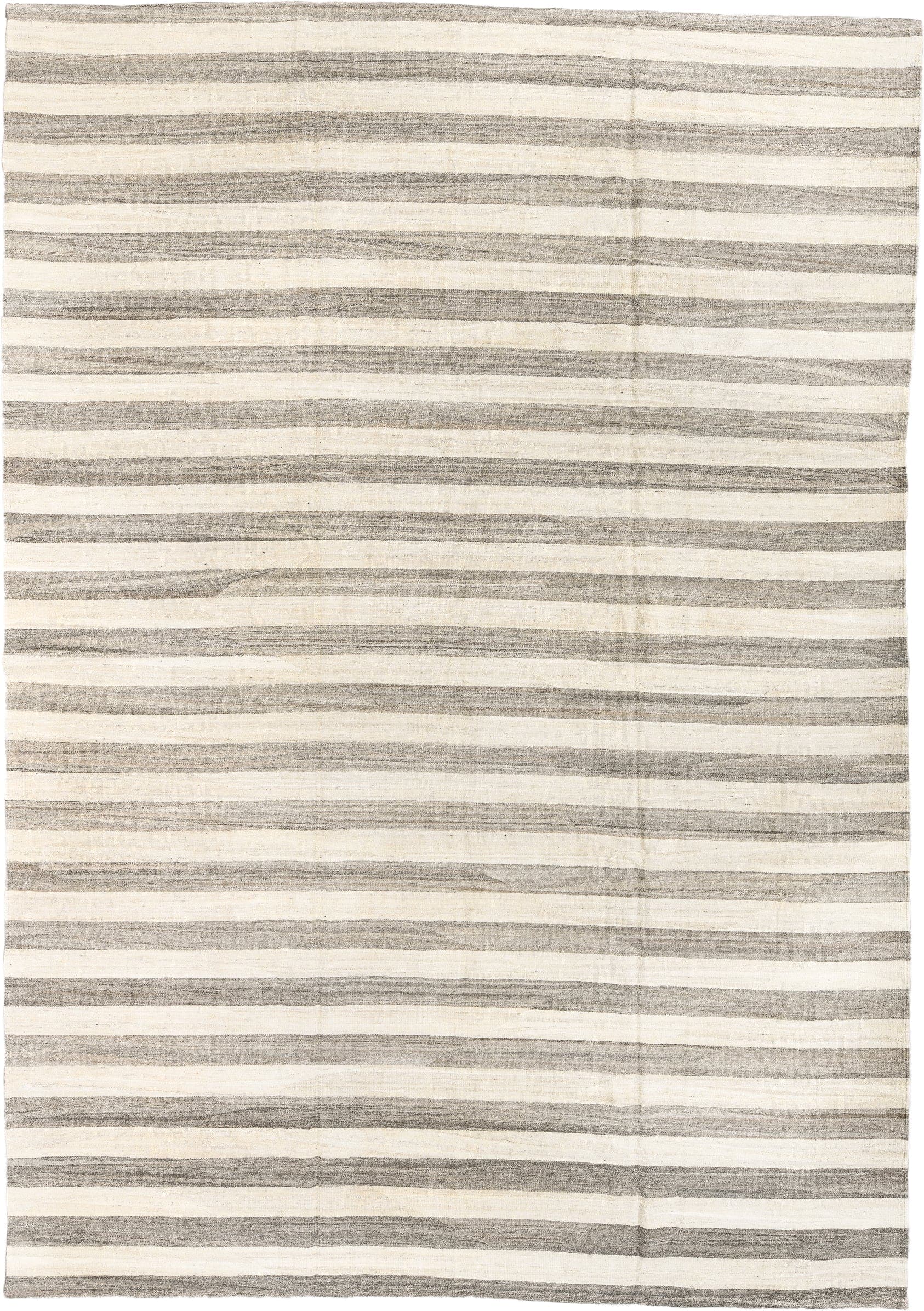 9' x 13' one-of-a-kind handmade vintage Kilim large size rug. Color palette: ivory, gray, taupe, beige