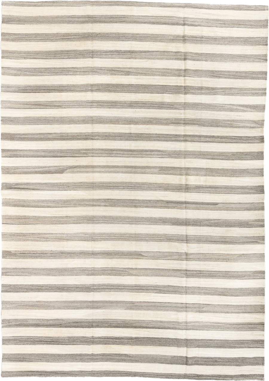 9' x 13' one-of-a-kind handmade vintage Kilim large size rug. Color palette: ivory, gray, taupe, beige