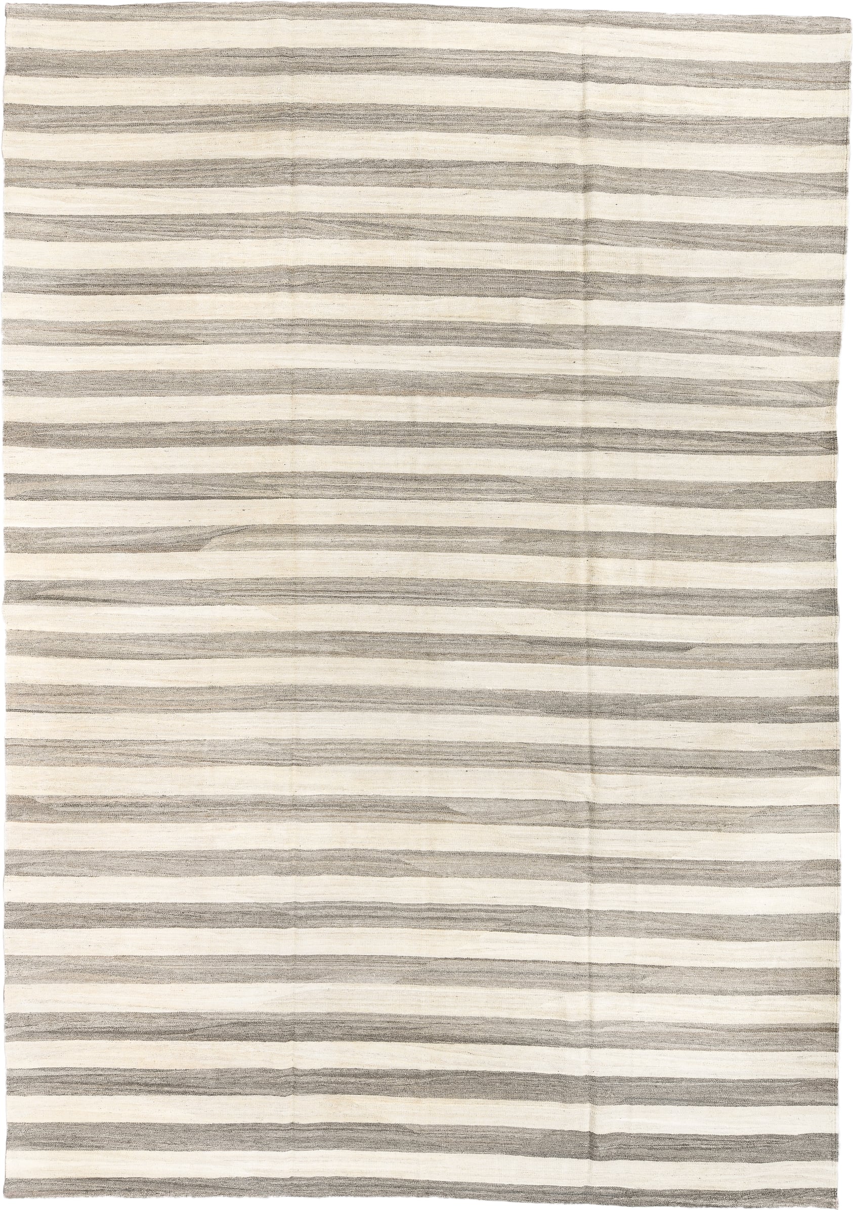 9' x 13' one-of-a-kind handmade vintage Kilim large size rug. Color palette: ivory, gray, taupe, beige