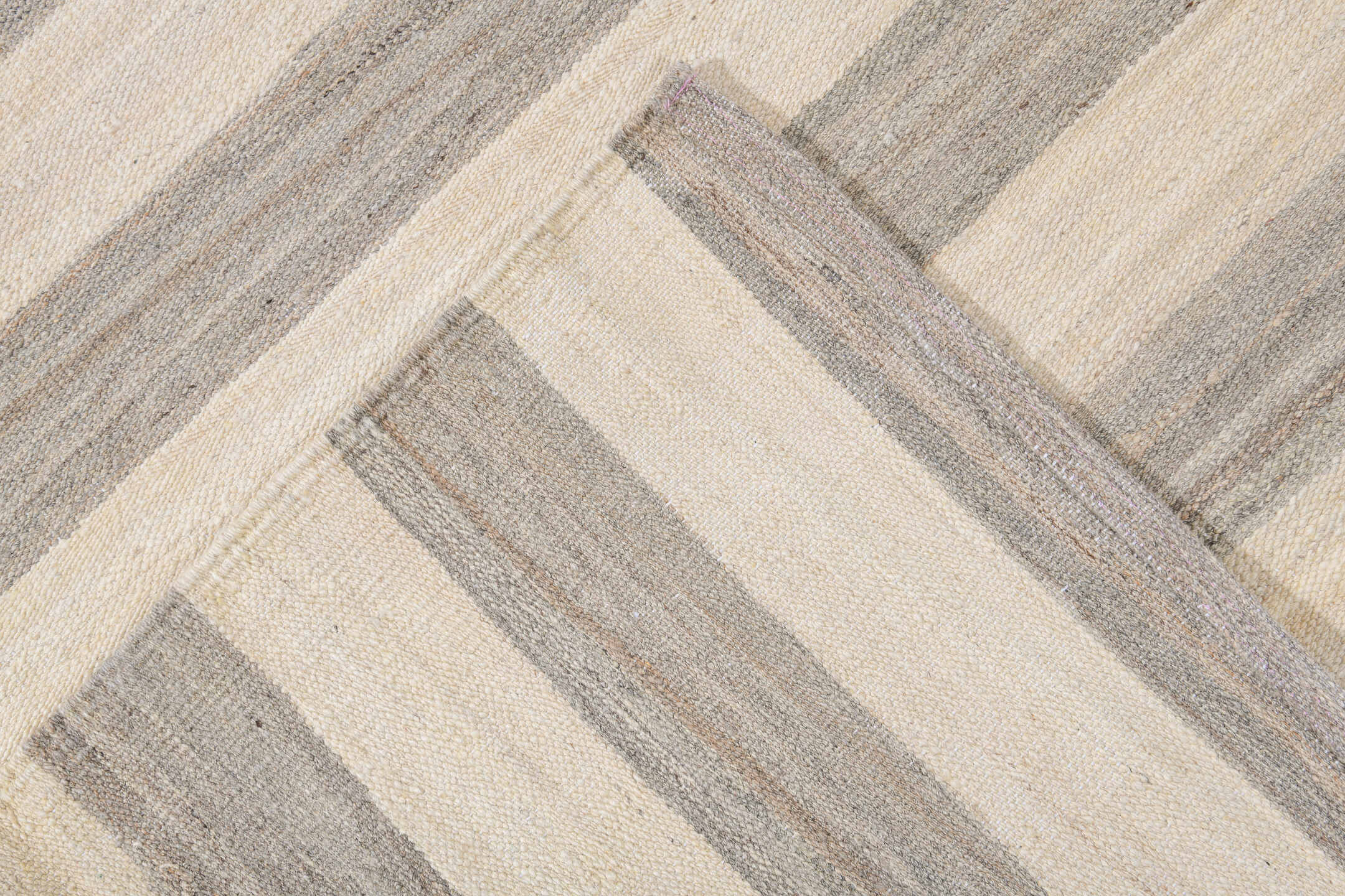 9' x 13' one-of-a-kind handmade vintage Kilim large size rug. Color palette: brown, gray, light gray, linen, off-white