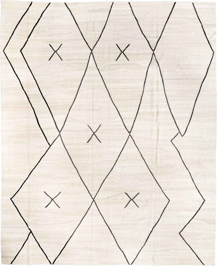 12' x 15' one-of-a-kind handmade vintage Kilim oversize rug. Color palette: ivory, charcoal, cream, gray, black