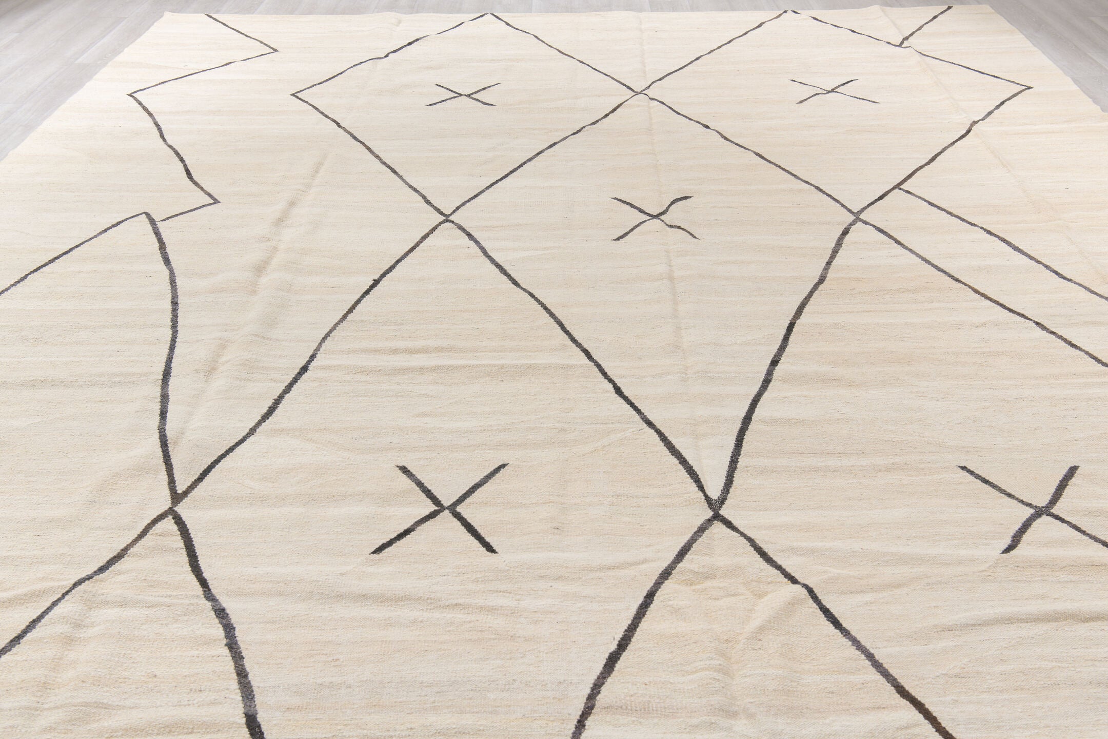 12' x 15' one-of-a-kind handmade vintage Kilim oversize rug. Color palette: antiquewhite, black, brown, charcoal, dark gray