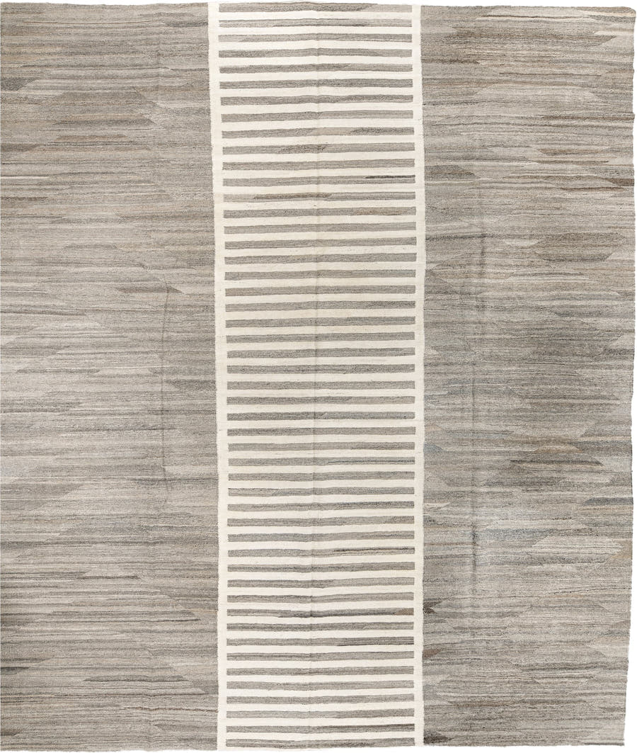 13' x 15' one-of-a-kind handmade vintage Kilim oversize rug. Color palette: taupe, ivory, gray, cream, greige, charcoal