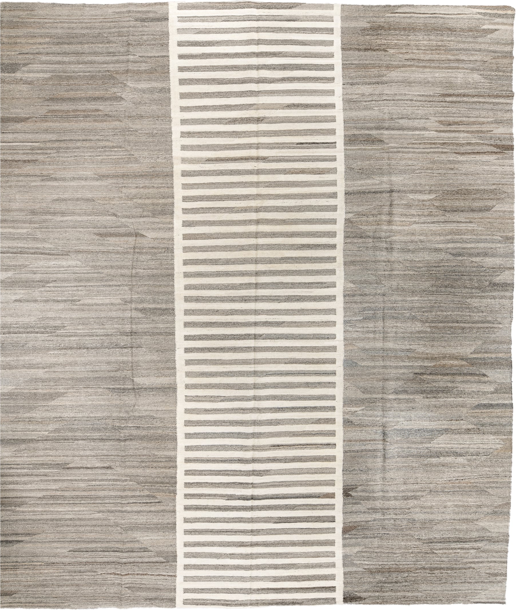 13' x 15' one-of-a-kind handmade vintage Kilim oversize rug. Color palette: taupe, ivory, gray, cream, greige, charcoal