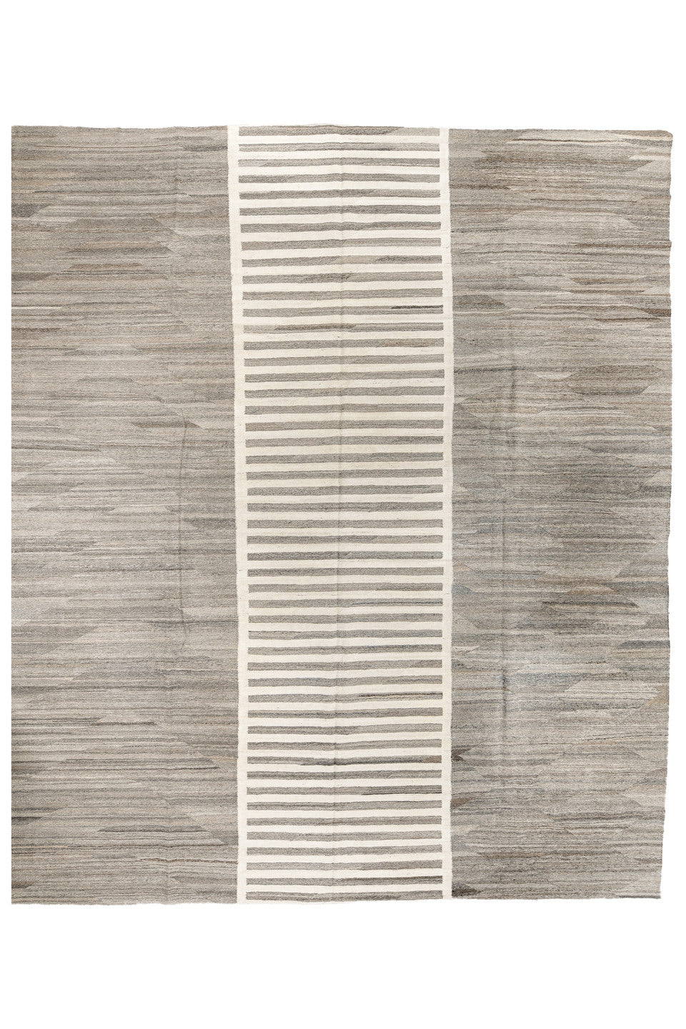 13' x 15' one-of-a-kind handmade vintage Kilim oversize rug. Color palette: dark gray, gray, light gray, off-white, silver