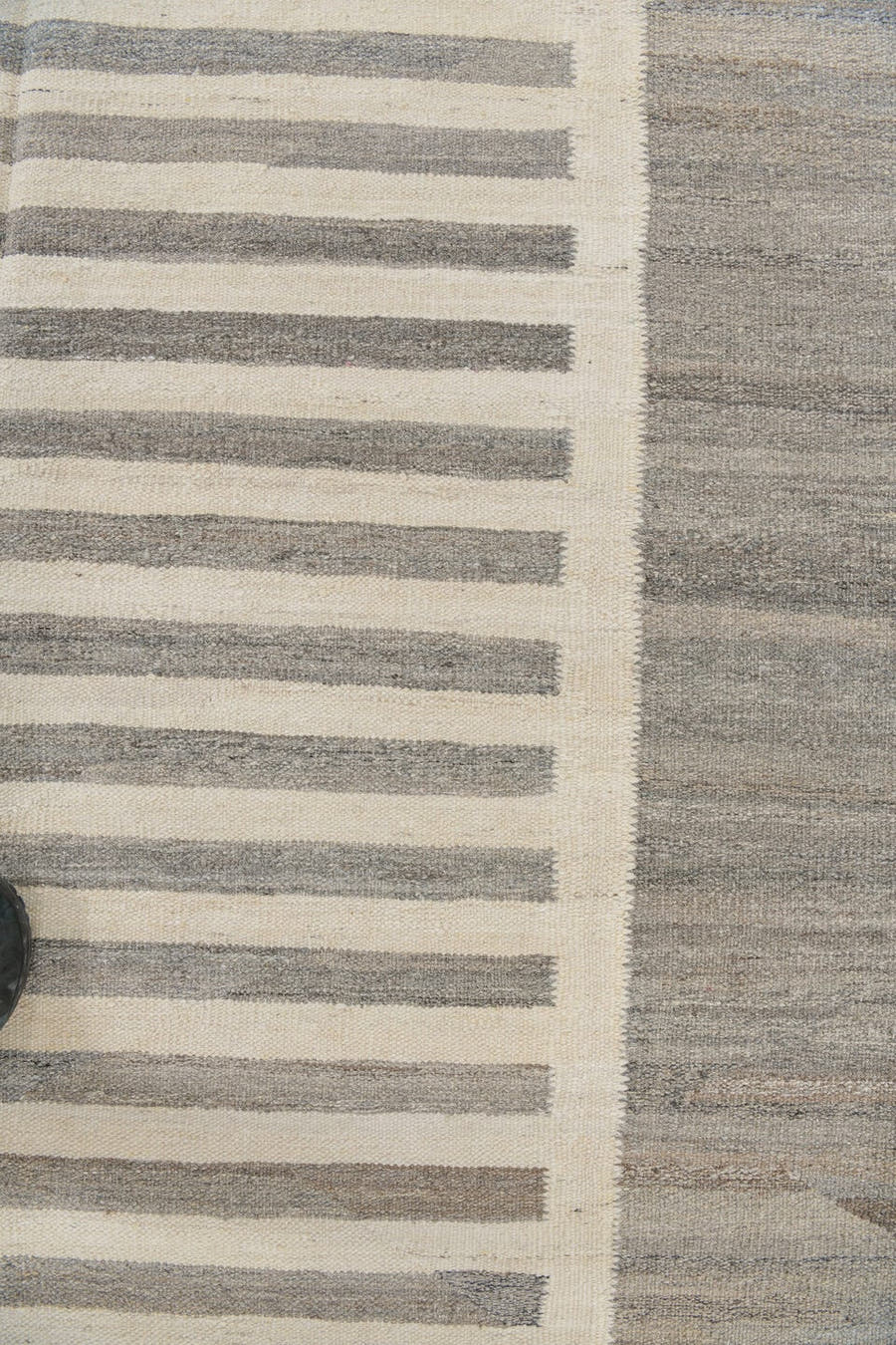 13' x 15' one-of-a-kind handmade vintage Kilim oversize rug. Color palette: taupe, ivory, gray, cream, greige, charcoal