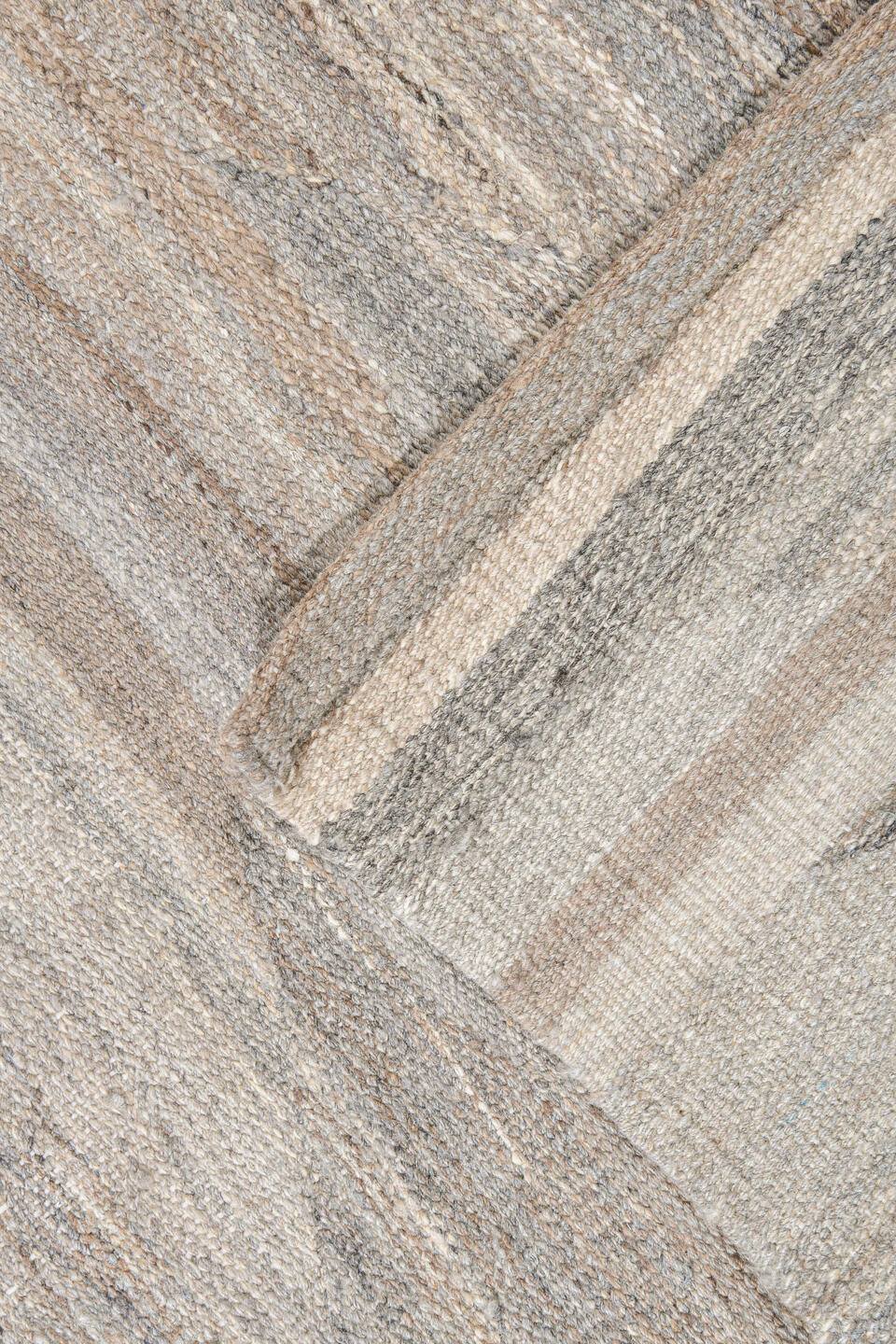 13' x 15' one-of-a-kind handmade vintage Kilim oversize rug. Color palette: dark gray, gray, light gray, off-white, silver