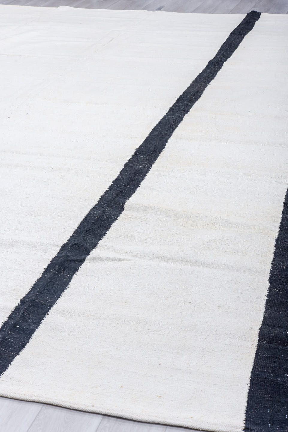 12' x 18' one-of-a-kind handmade vintage Kilim oversize rug. Color palette: ivory, charcoal, gray, black