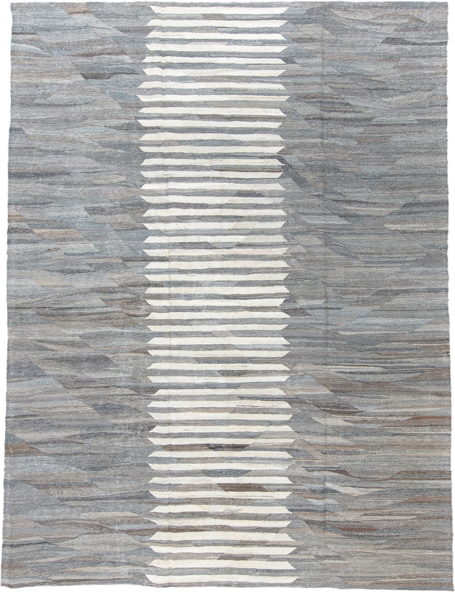 9' x 11' one-of-a-kind handmade vintage Kilim large size rug. Color palette: gray, ivory, taupe, slate, brown, beige
