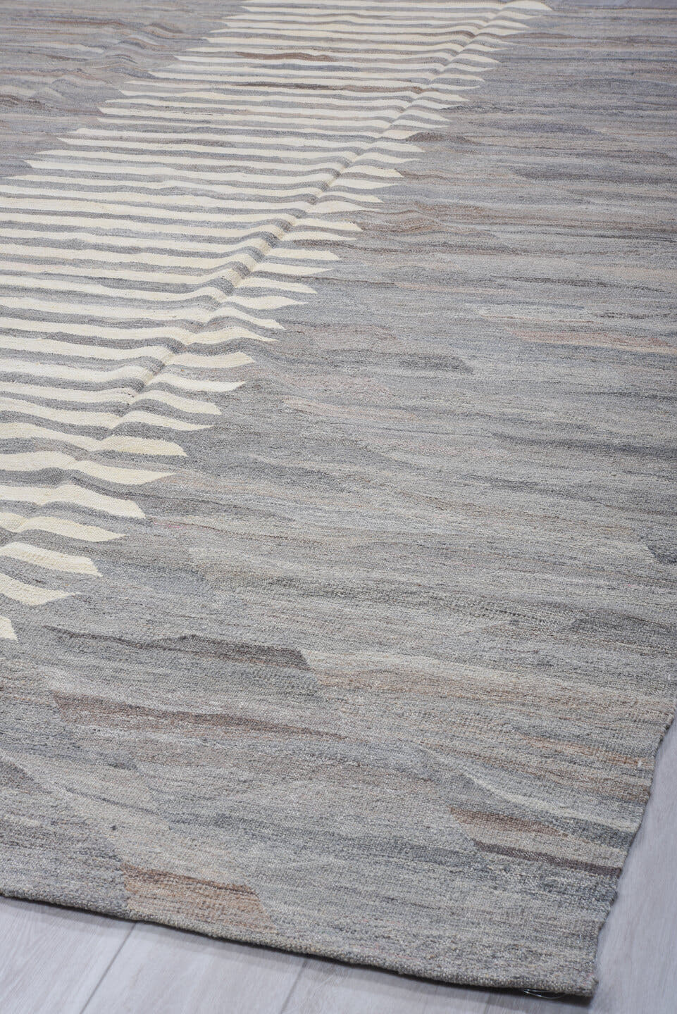 9' x 11' one-of-a-kind handmade vintage Kilim large size rug. Color palette: gray, ivory, taupe, slate, brown, beige