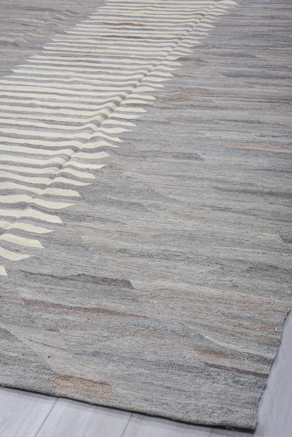 9' x 11' one-of-a-kind handmade vintage Kilim large size rug. Color palette: gray, ivory, taupe, slate, brown, beige