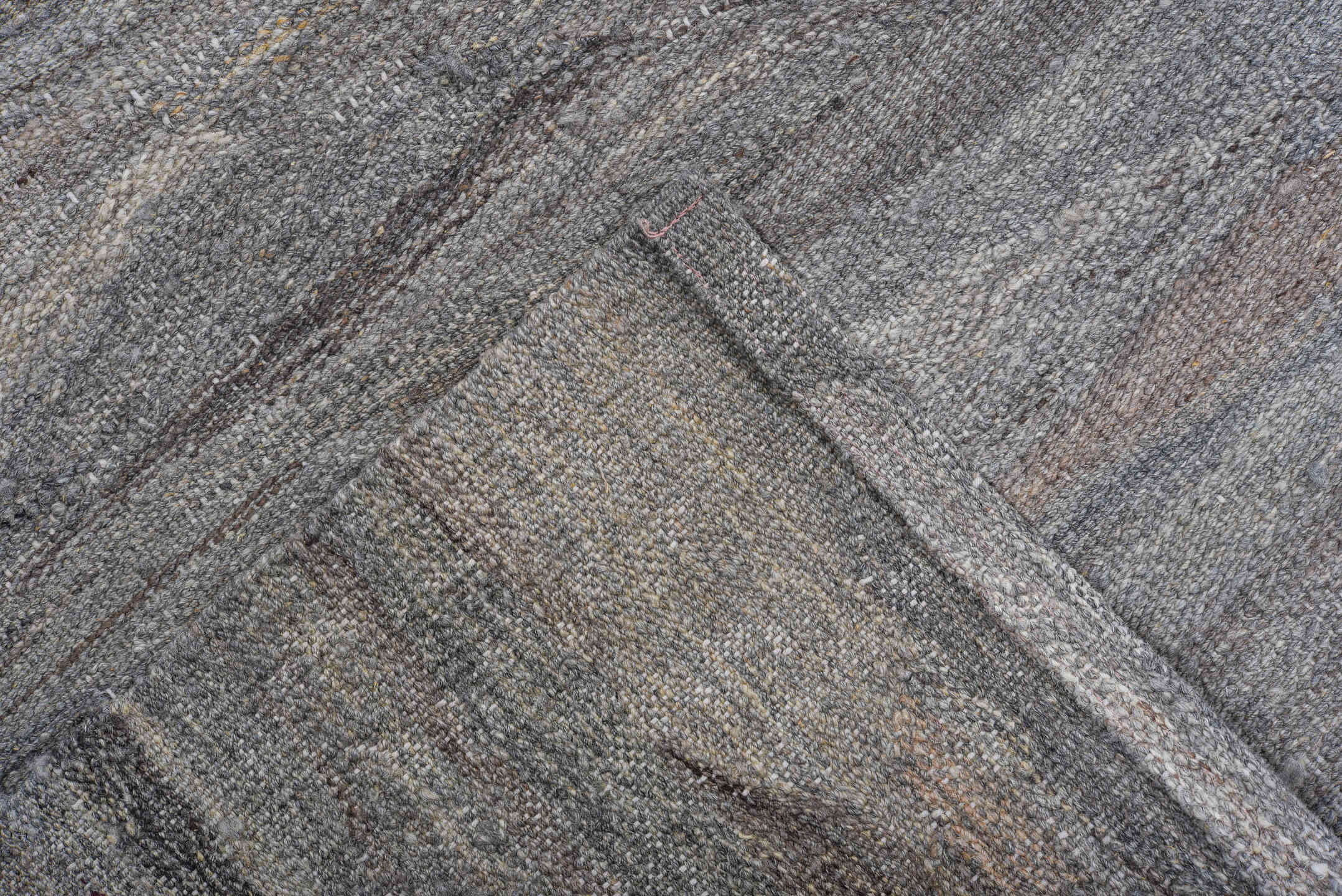 9' x 11' one-of-a-kind handmade vintage Kilim large size rug. Color palette: gray, ivory, taupe, slate, brown, beige