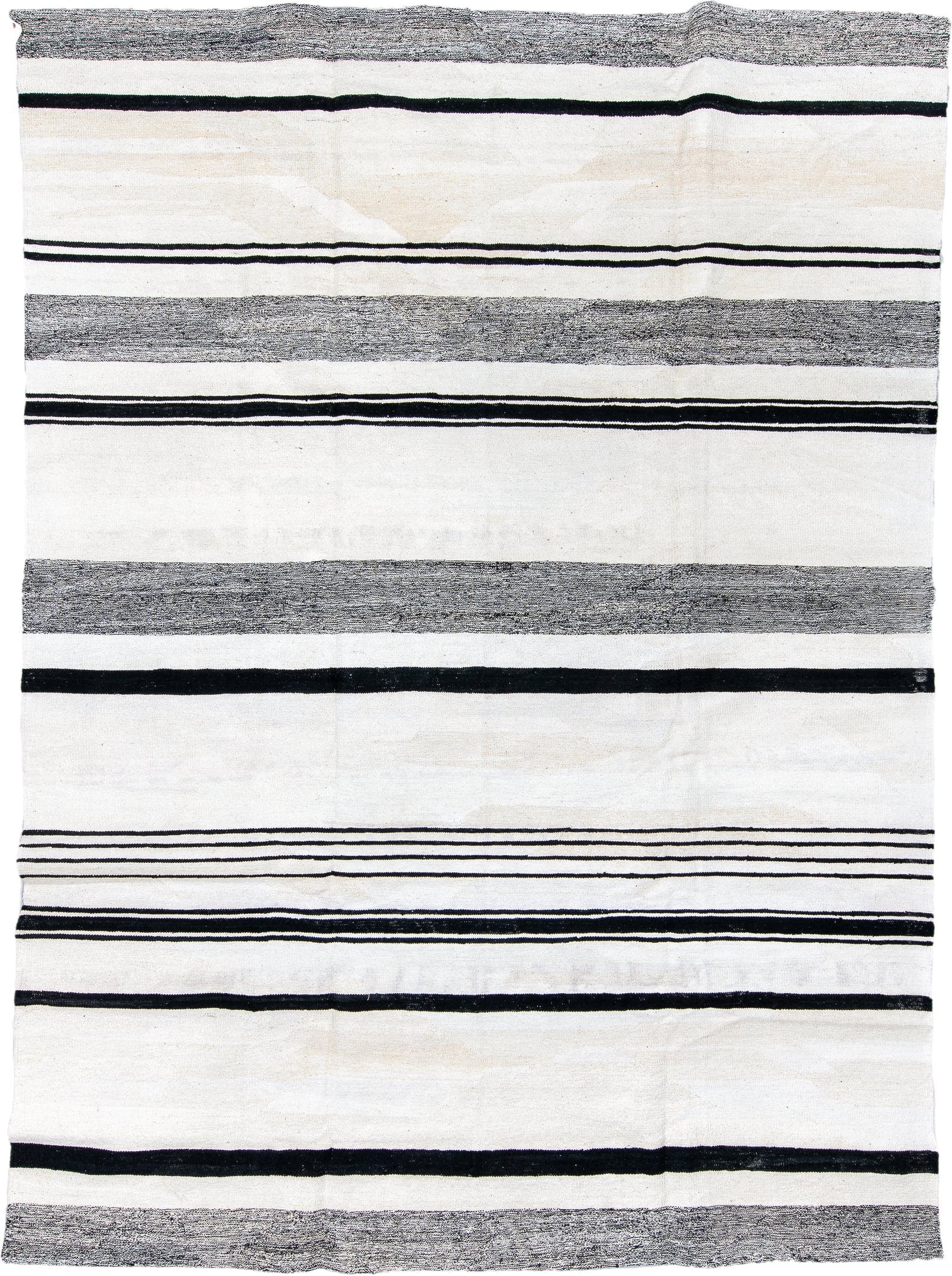 8' x 11' one-of-a-kind handmade vintage Kilim large size rug. Color palette: ivory, black, charcoal, cream, gray