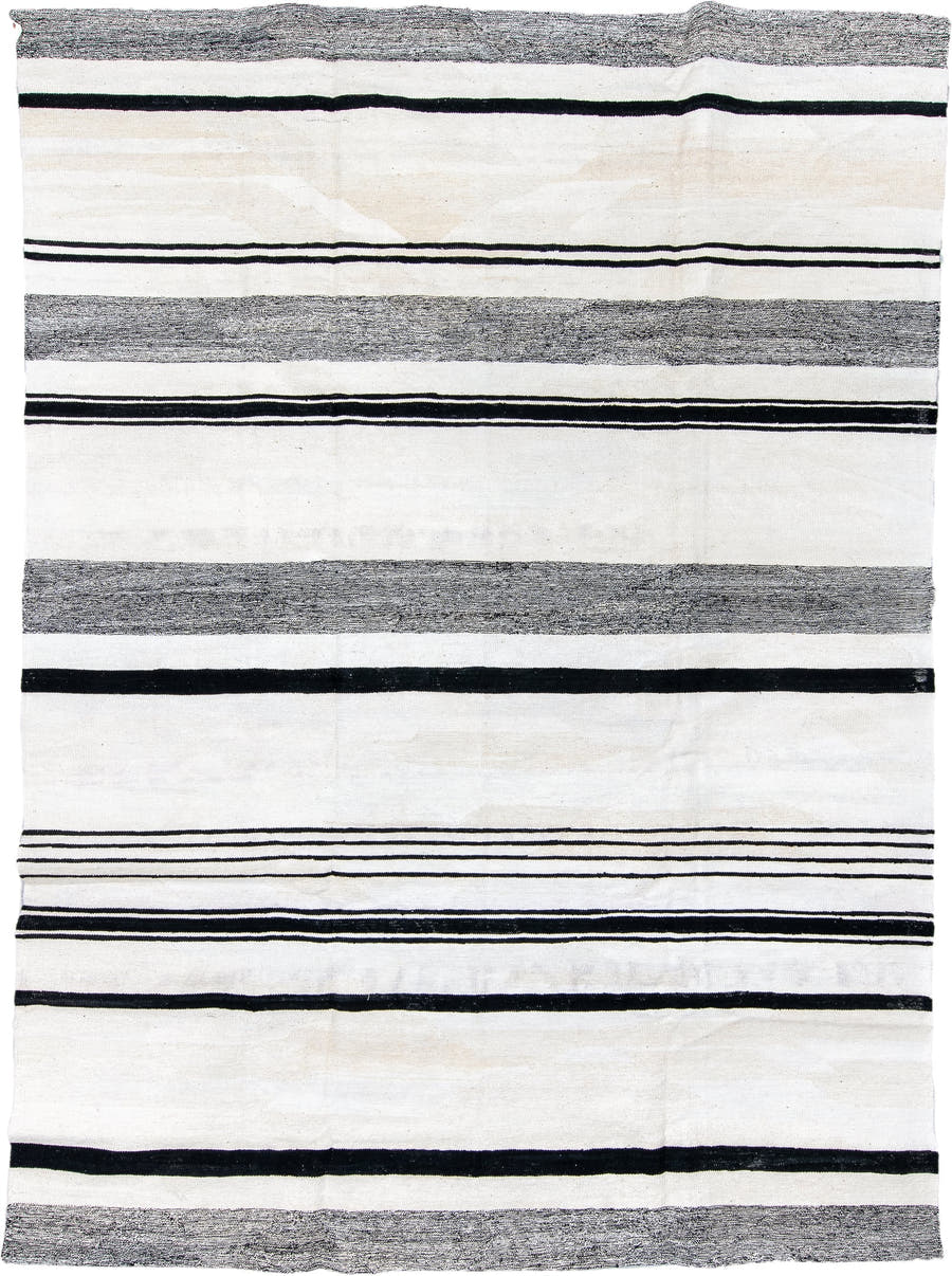 8' x 11' one-of-a-kind handmade vintage Kilim large size rug. Color palette: ivory, black, charcoal, cream, gray