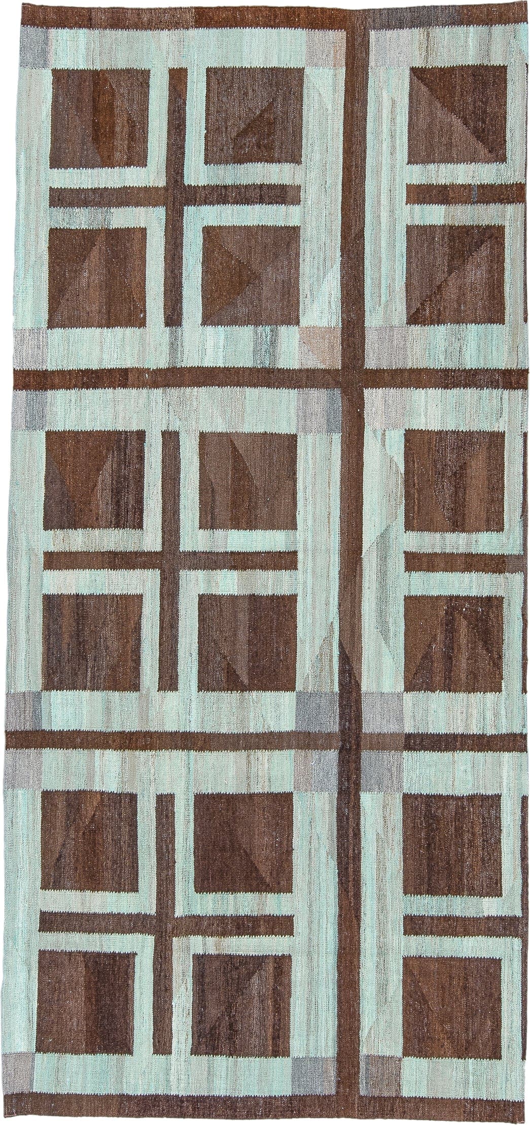 4' x 9' one-of-a-kind handmade vintage Kilim runner rug. Color palette: aqua, brown, taupe, ivory, teal, beige, gray