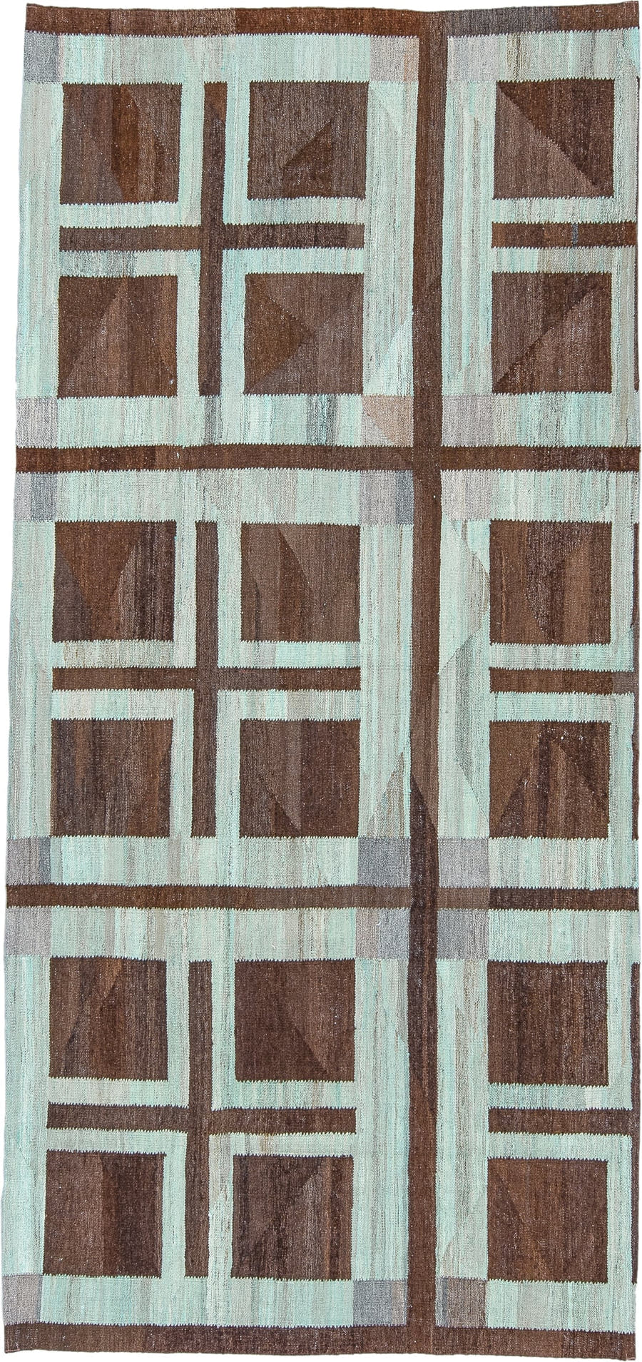 4' x 9' one-of-a-kind handmade vintage Kilim runner rug. Color palette: aqua, brown, taupe, ivory, teal, beige, gray