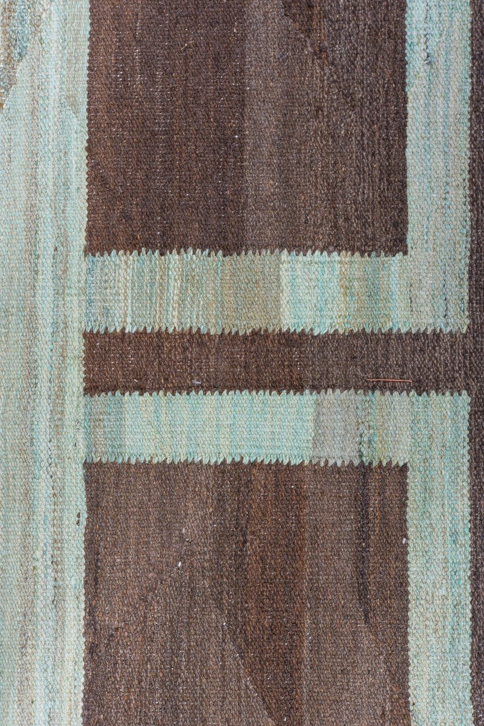 4' x 9' one-of-a-kind handmade vintage Kilim runner rug. Color palette: aqua, brown, taupe, ivory, teal, beige, gray