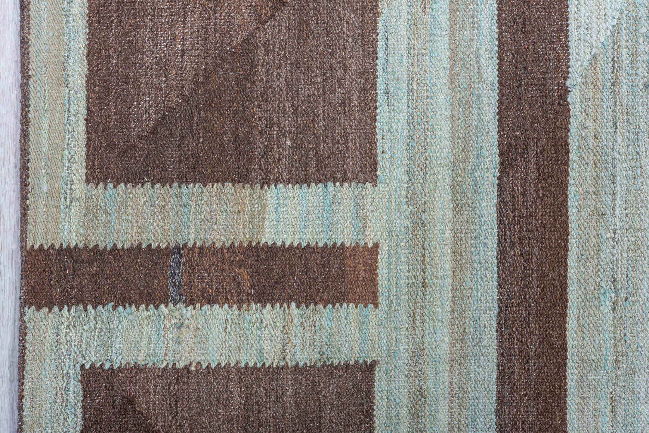 4' x 9' one-of-a-kind handmade vintage Kilim runner rug. Color palette: aqua, brown, taupe, ivory, teal, beige, gray
