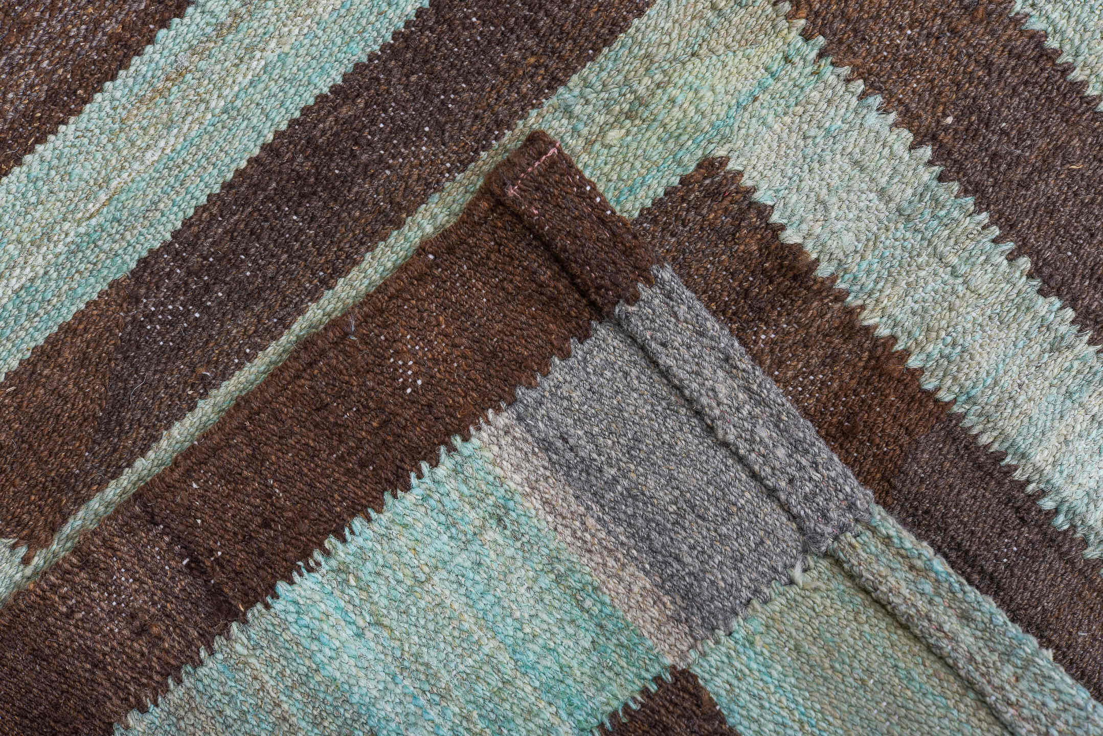 4' x 9' one-of-a-kind handmade vintage Kilim runner rug. Color palette: aqua, brown, taupe, ivory, teal, beige, gray