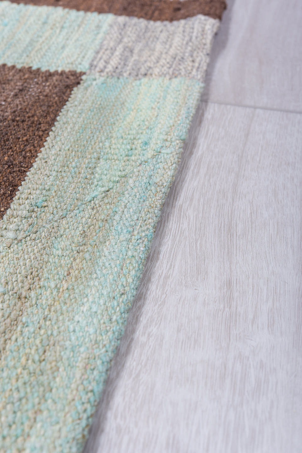 4' x 9' one-of-a-kind handmade vintage Kilim runner rug. Color palette: aqua, brown, taupe, ivory, teal, beige, gray