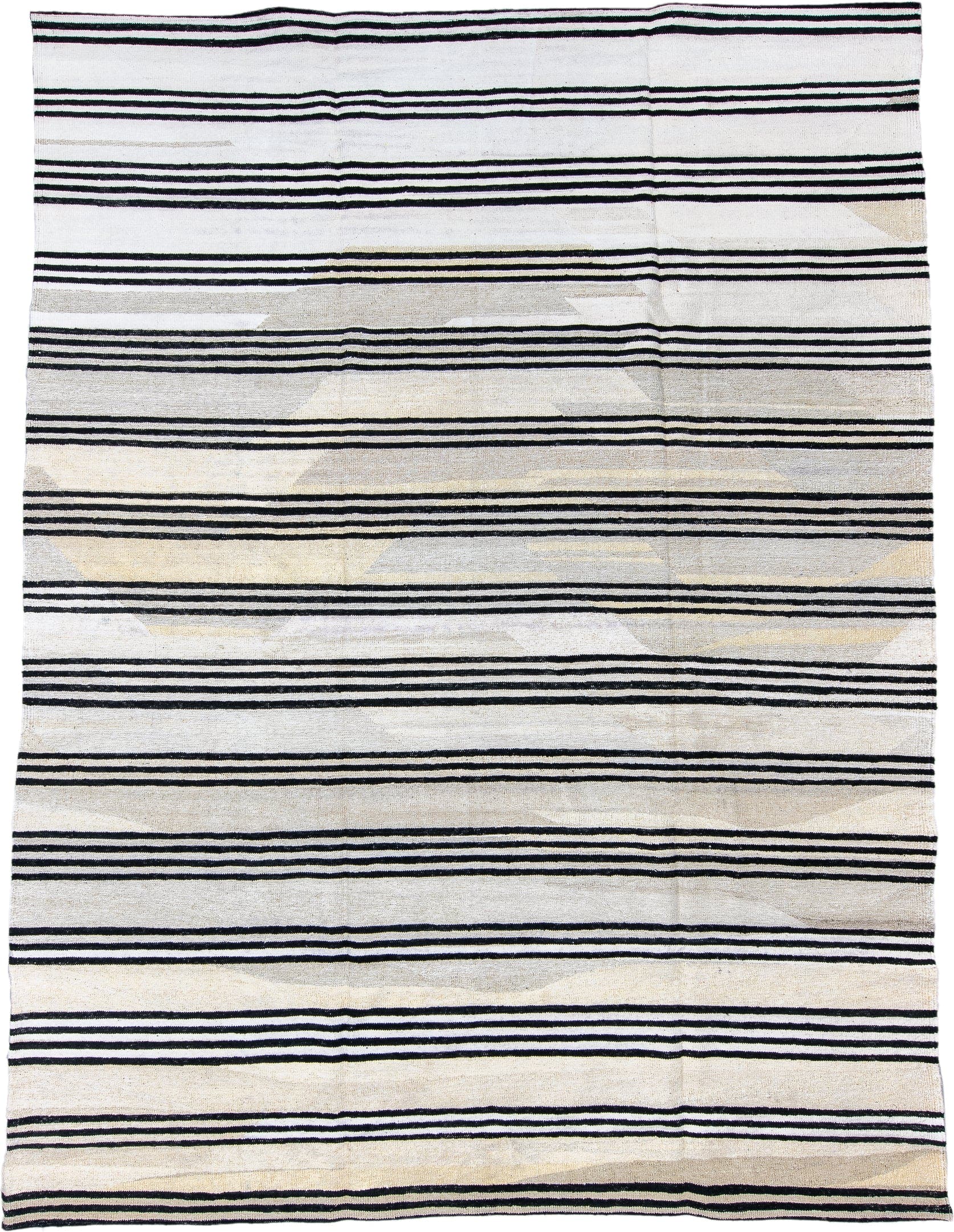 9' x 12' one-of-a-kind handmade vintage Kilim large size rug. Color palette: ivory, black, cream, taupe, beige, gray