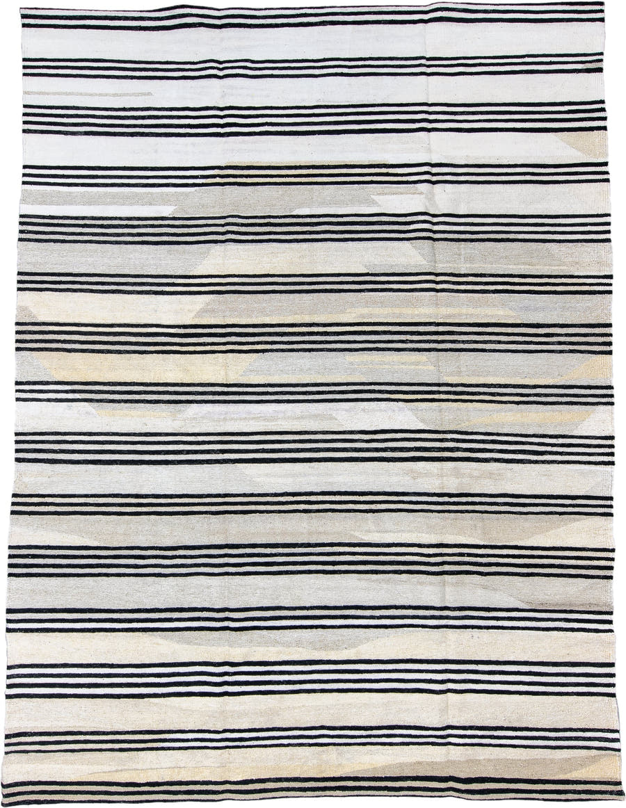 9' x 12' one-of-a-kind handmade vintage Kilim large size rug. Color palette: ivory, black, cream, taupe, beige, gray