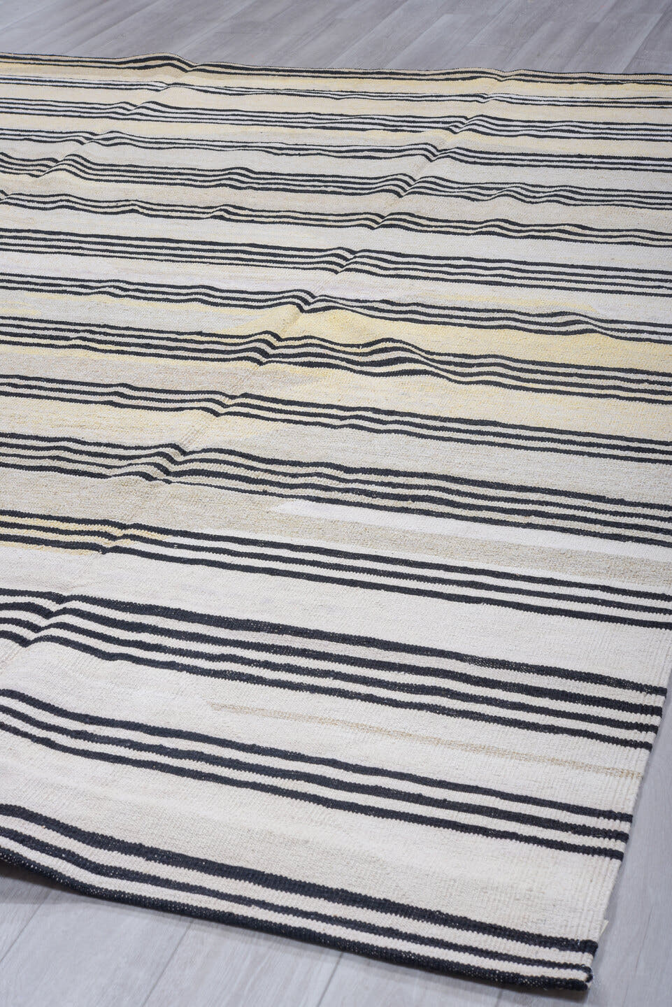 9' x 12' one-of-a-kind handmade vintage Kilim large size rug. Color palette: ivory, black, cream, taupe, beige, gray