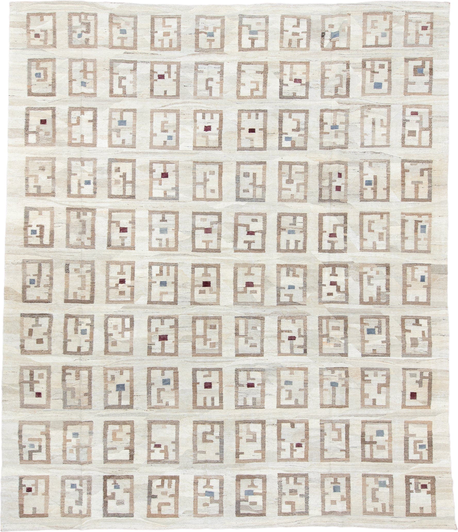 12' x 14' one-of-a-kind handmade vintage Kilim oversize rug. Color palette: ivory, taupe, beige, camel, slate, burgundy