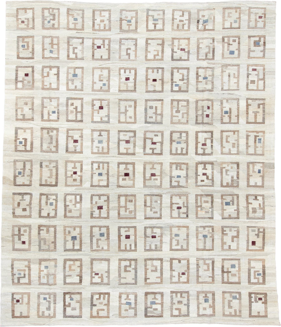 12' x 14' one-of-a-kind handmade vintage Kilim oversize rug. Color palette: ivory, taupe, beige, camel, slate, burgundy