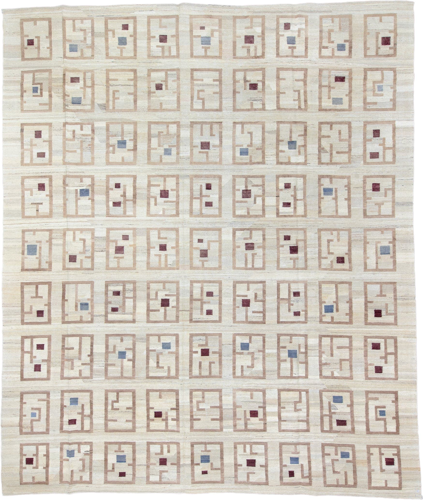 12' x 14' one-of-a-kind handmade vintage Kilim oversize rug. Color palette: ivory, tan, beige, burgundy, slate blue, purple