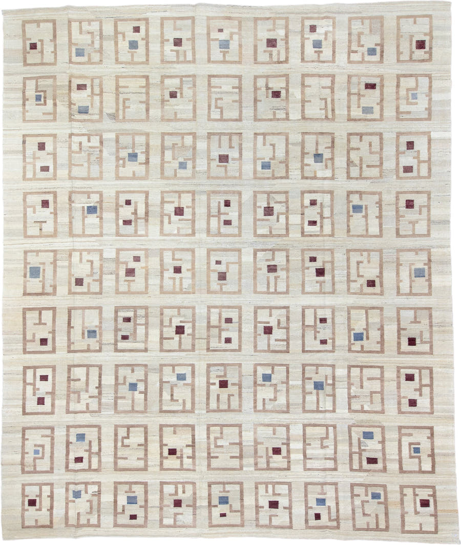 12' x 14' one-of-a-kind handmade vintage Kilim oversize rug. Color palette: ivory, tan, beige, burgundy, slate blue, purple
