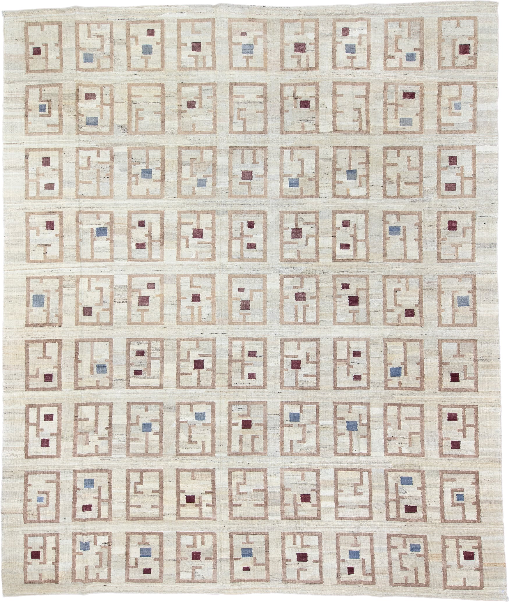 12' x 14' one-of-a-kind handmade vintage Kilim oversize rug. Color palette: ivory, tan, beige, burgundy, slate blue, purple
