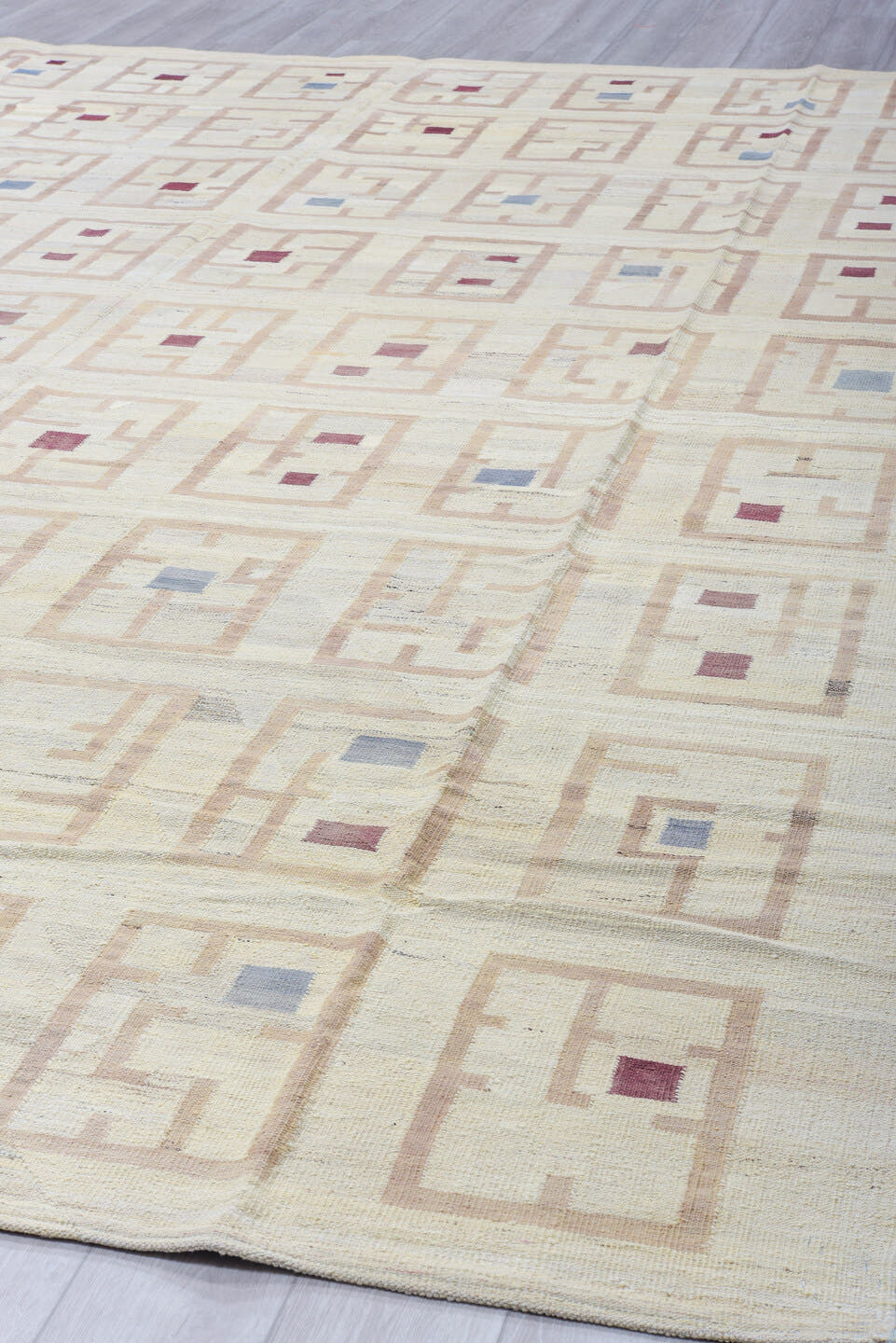 12' x 14' one-of-a-kind handmade vintage Kilim oversize rug. Color palette: ivory, tan, beige, burgundy, slate blue, purple