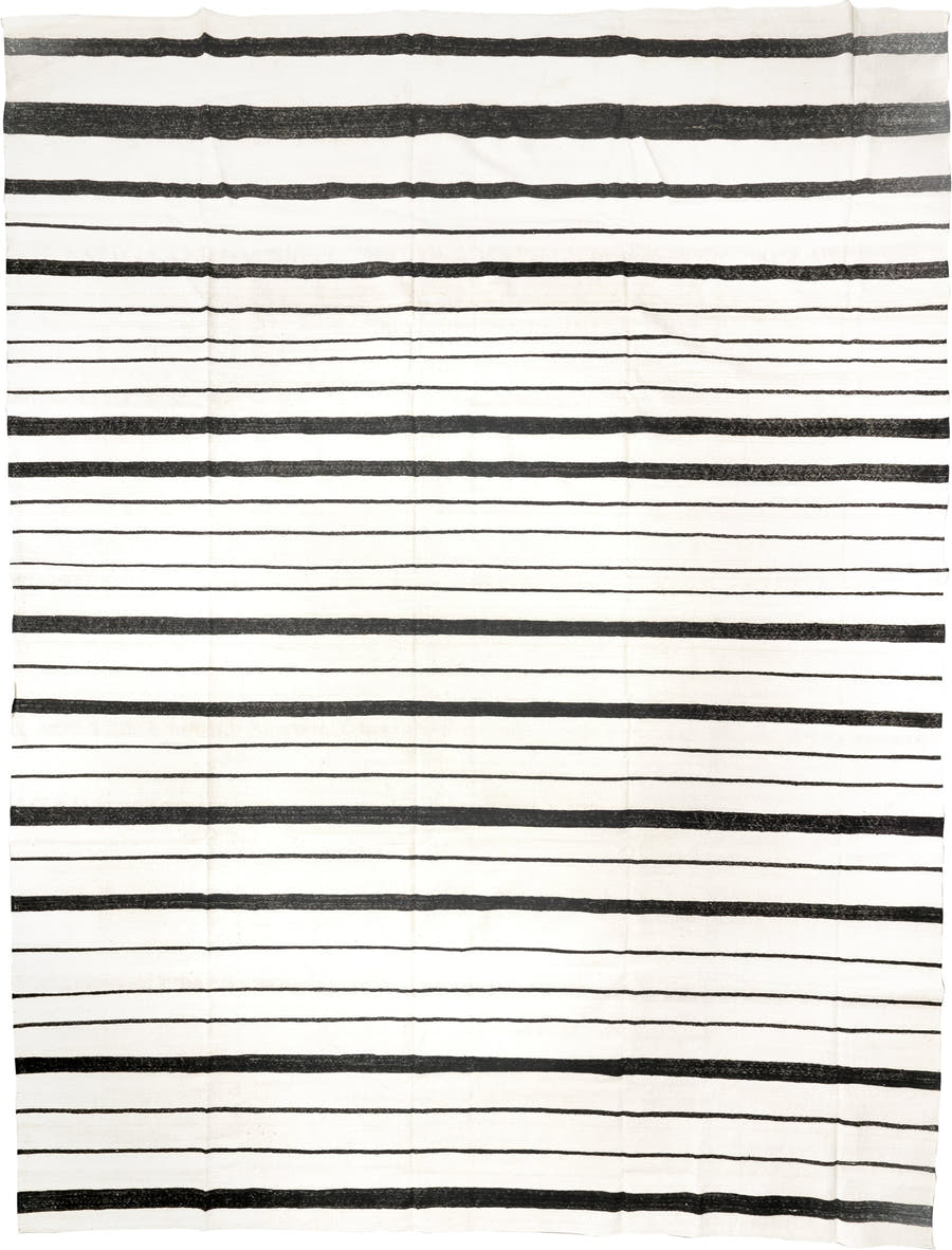 14' x 18' one-of-a-kind handmade vintage Tulu oversize rug. Color palette: ivory, charcoal, gray, black