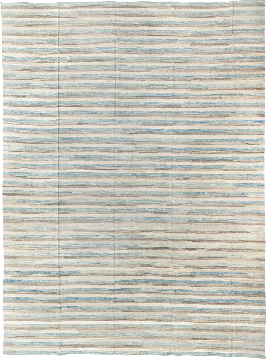 14' x 19' one-of-a-kind handmade vintage Tulu oversize rug. Color palette: ivory, pale blue, taupe, cream, gray, light blue