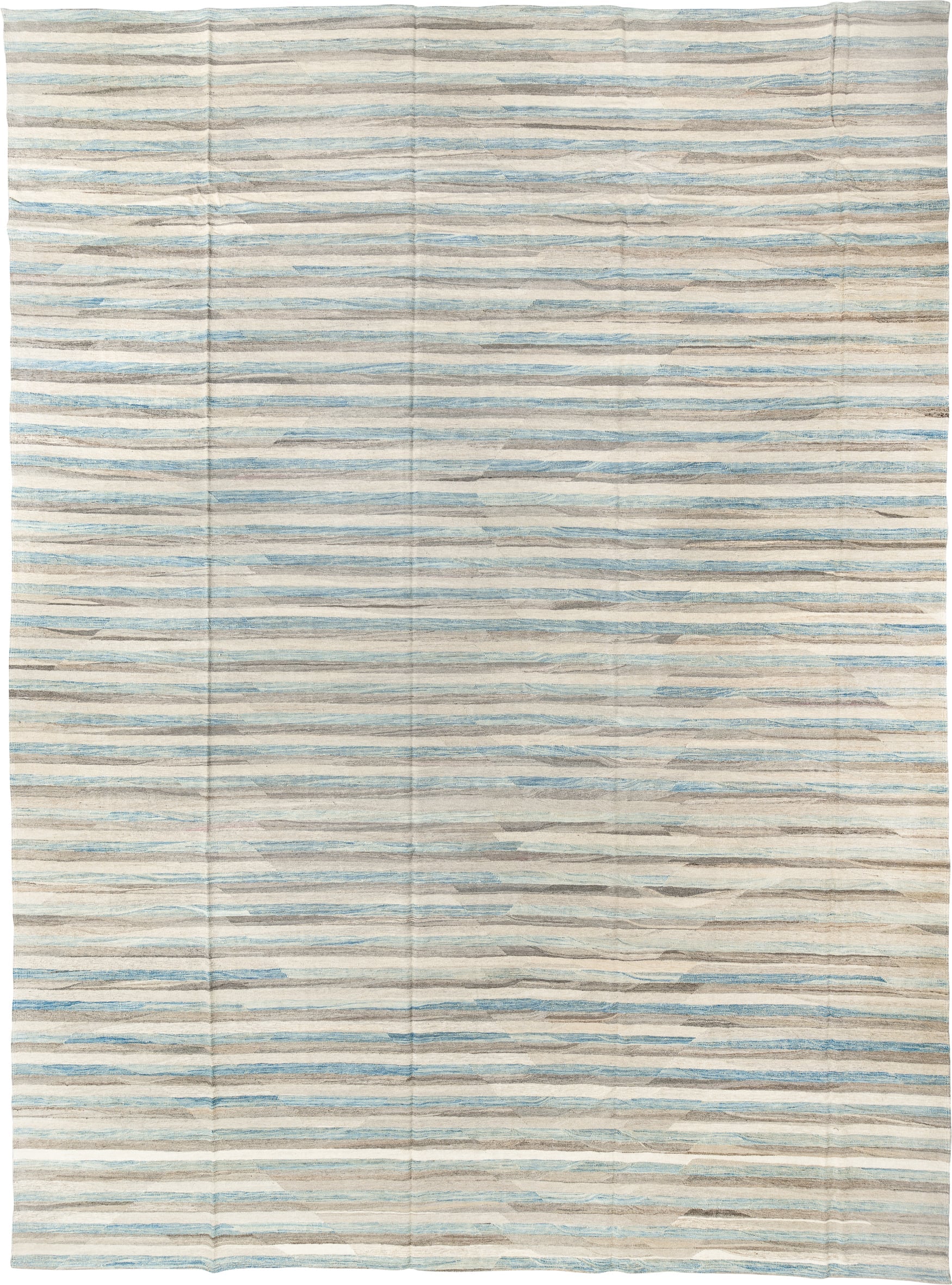 14' x 19' one-of-a-kind handmade vintage Tulu oversize rug. Color palette: ivory, pale blue, taupe, cream, gray, light blue