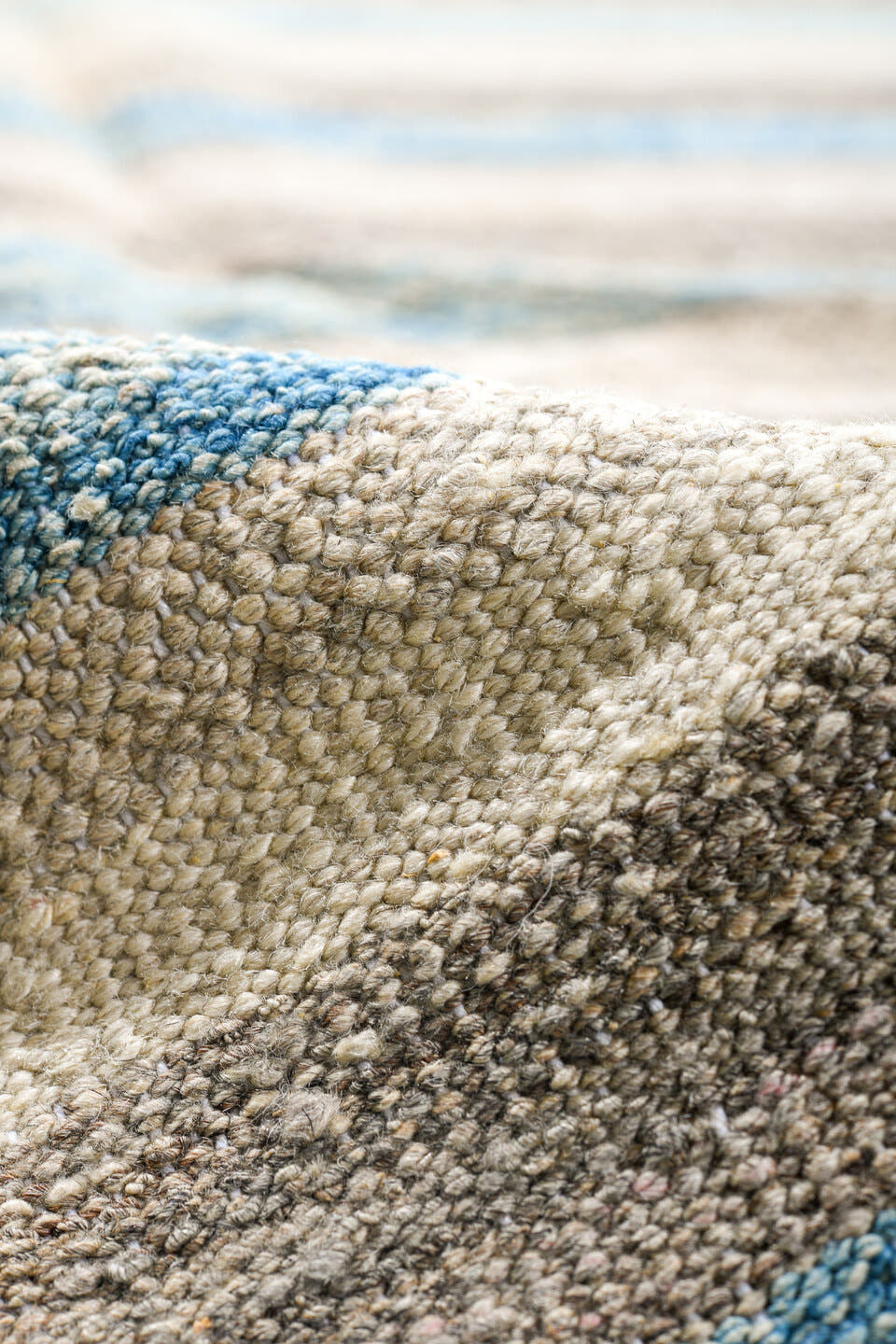 14' x 19' one-of-a-kind handmade vintage Tulu oversize rug. Color palette: ivory, pale blue, taupe, cream, gray, light blue