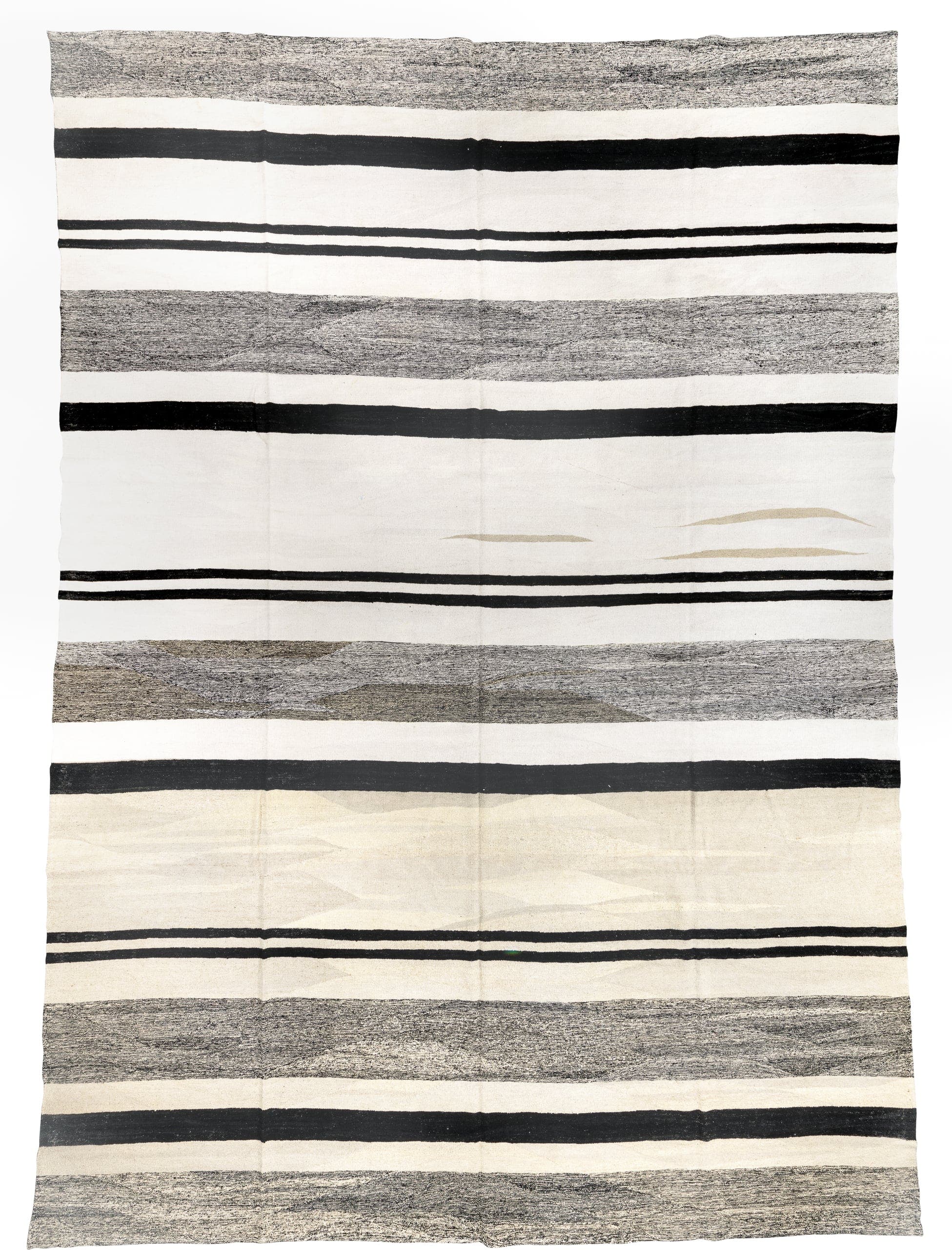 13' x 19' one-of-a-kind handmade vintage Kilim oversize rug. Color palette: ivory, black, charcoal, cream, gray